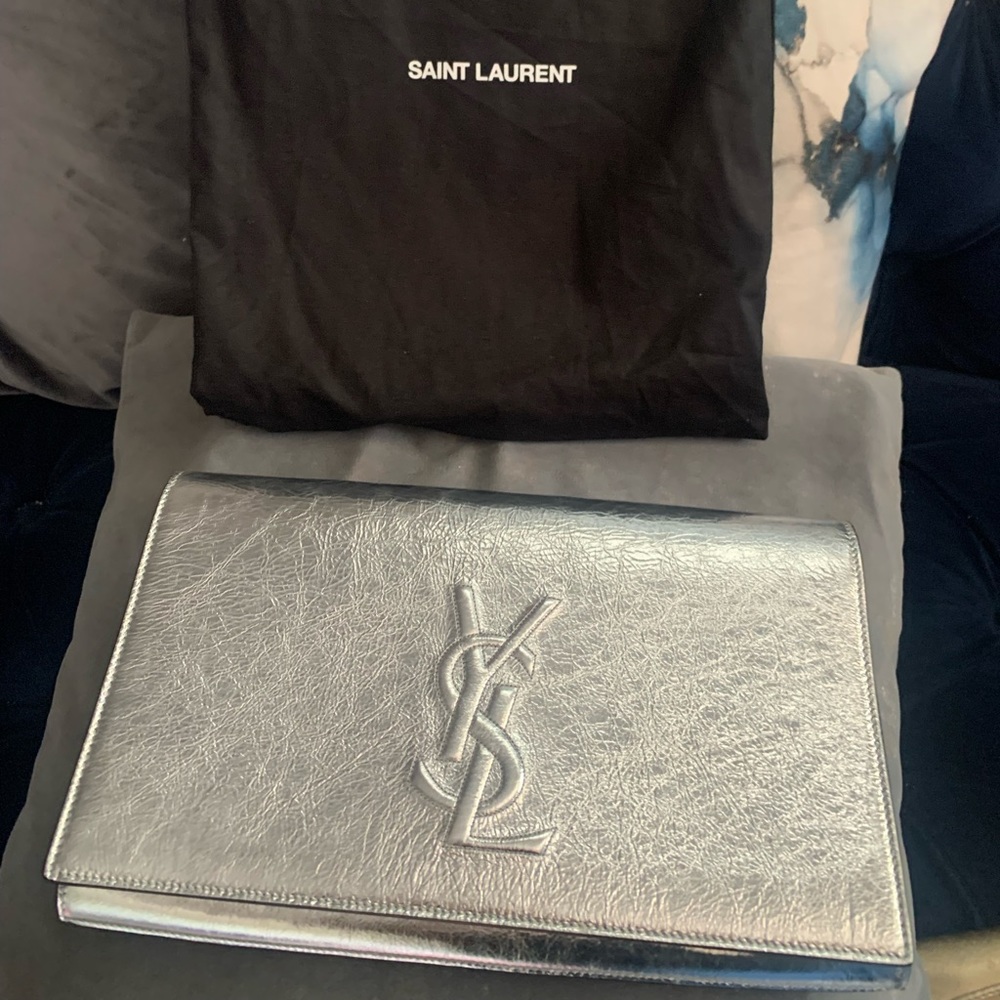 Saint Laurent YSL BDJ Metallic Silver
Leather Clutch Bag